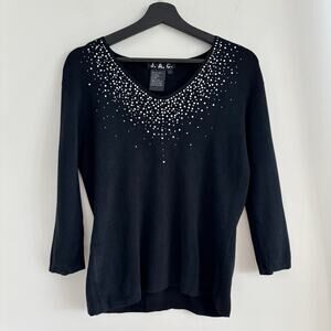 J.A.C. Women's Silk Blend Sweater Black Knit Jeweled Collar 3/4 Sleeves Size L